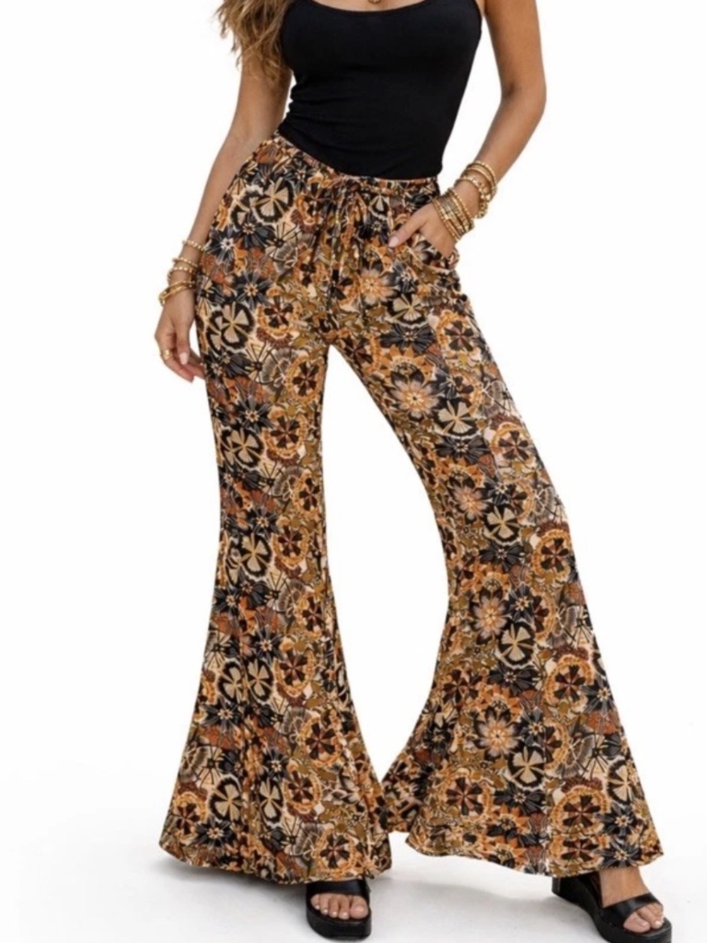 Traffic People Boho Floral Flare Pants Size Large Retro Festival Wide Leg